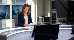 Woman in a blue blazer reading papers at a lit studio desk, with monitors in the foreground and background